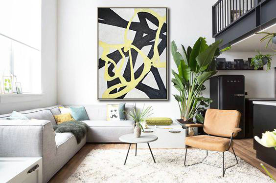 Extra Large Acrylic Painting On Canvas,Hand-Painted Black And White Minimal Painting On Canvas,Acrylic Painting Large Wall Art
